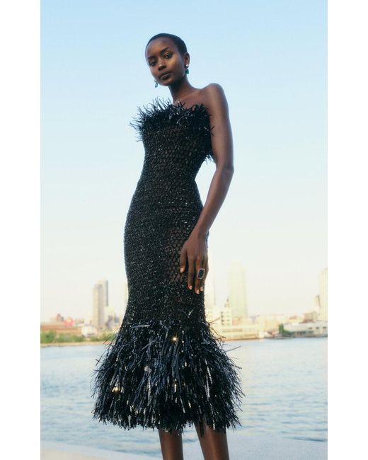 Oscar de la Renta Black Fringe-trimmed Embroidered Midi Dress