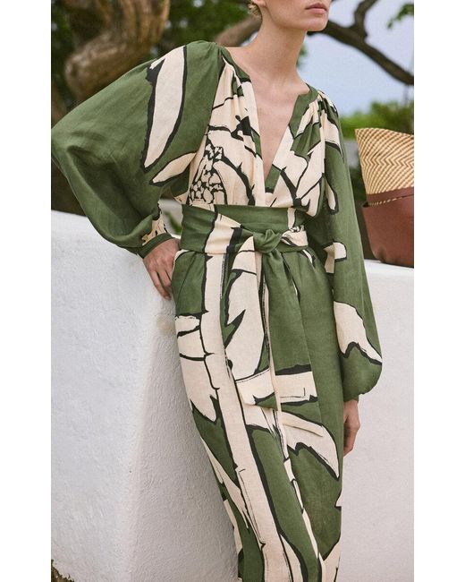 Johanna Ortiz Green Weaving Weves Printed Linen Midi Dress Palm Beach