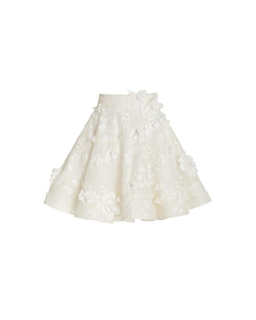 Zimmermann White Postcard Floral-appliqued Linen-silk Full Mini Skirt