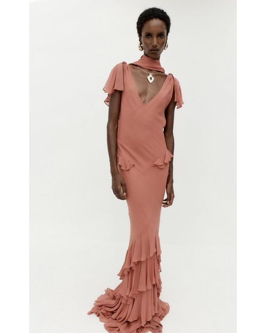 De La Vali Red Solenne Ruffled Maxi Dress