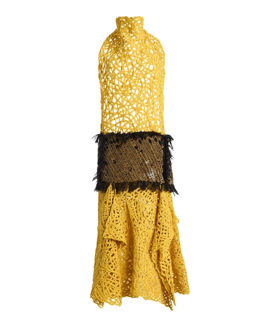 DIOTIMA Yellow Exclusive Embroidered Midi Halter Dress