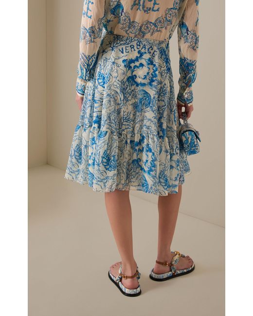 Versace Blue La Vacanza Printed Techno Creponne Midi Skirt