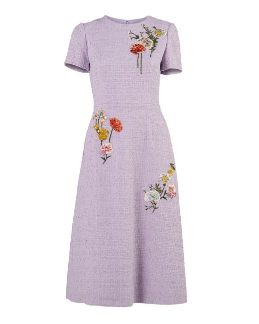 Carolina Herrera Purple Embroidered Textured Tailoring Mid-Length Dress