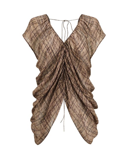 Into The East Brown Plaid Ombre Draped Silk Top