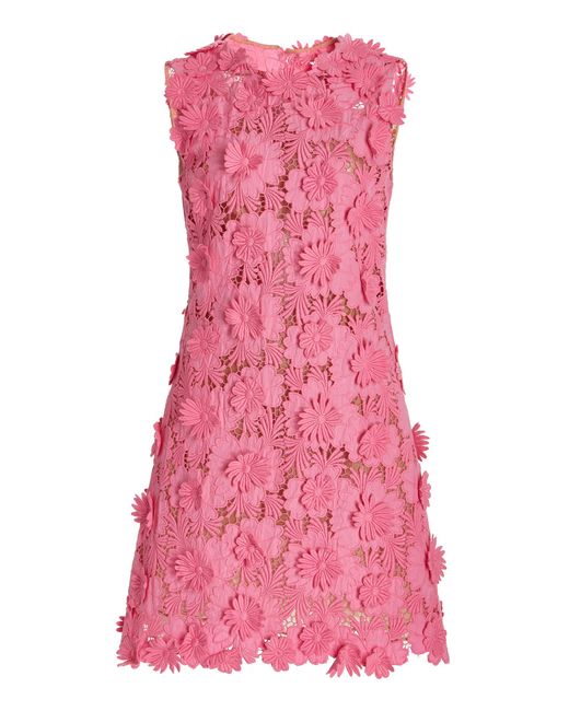 Oscar de la Renta Pink Floral Guipure Cotton Mini Dress