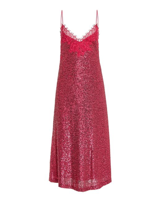 Monique Lhuillier Pink Lace-trimmed Sequined Midi Slip Dress