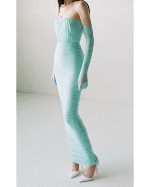 Alex Perry Blue Padget Gloved Ruched Mesh Gown