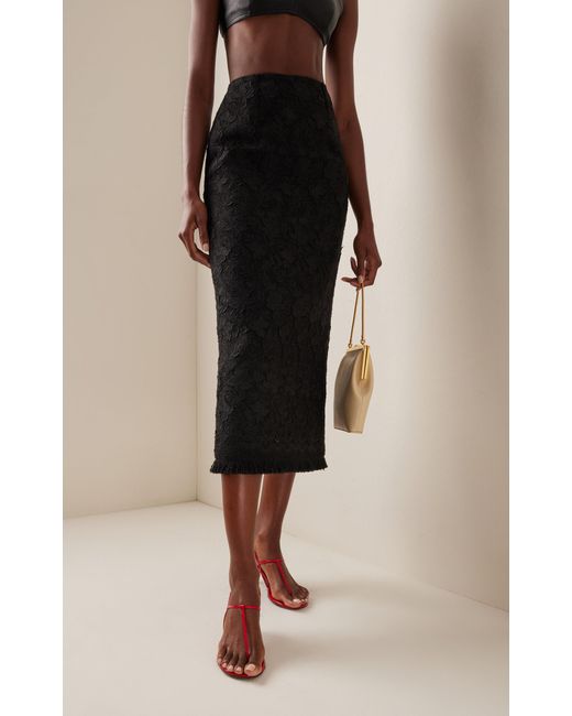 Oscar de la Renta Black Gardenia Guipure-lace Tweed Midi Pencil Skirt