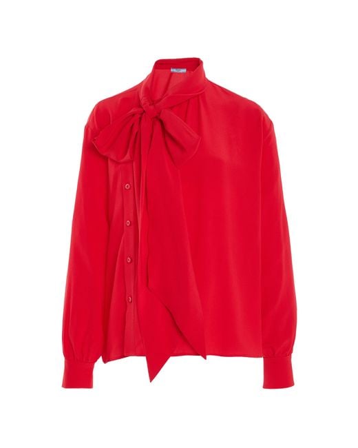 Prada Red Tie-Neck Marocain-Silk Shirt