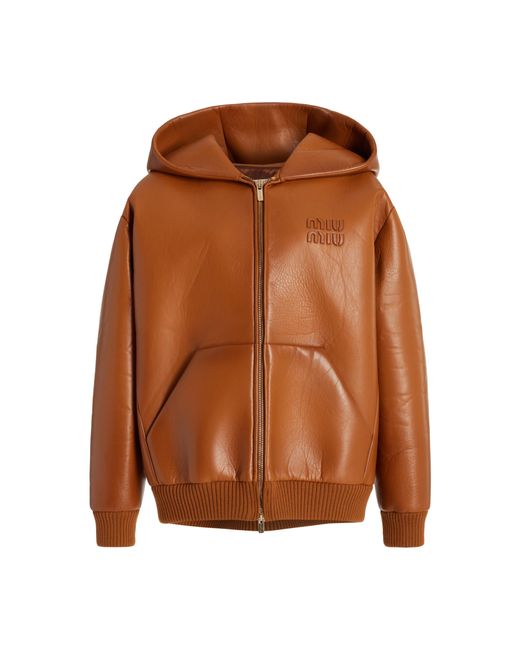 Miu Miu Brown Oversized Hooded Leather Jacket