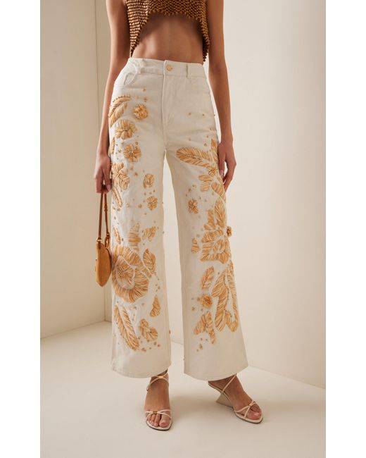 Cult Gaia Natural Jarli Embroidered Cotton Wide-leg Pants