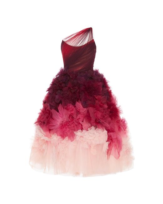 Marchesa Pink One-shoulder Ombré Tulle And Organza Midi Dress