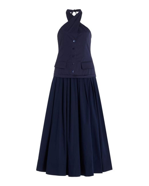 Staud Blue Harrington Suiting Stretch-cotton Halter Maxi Dress