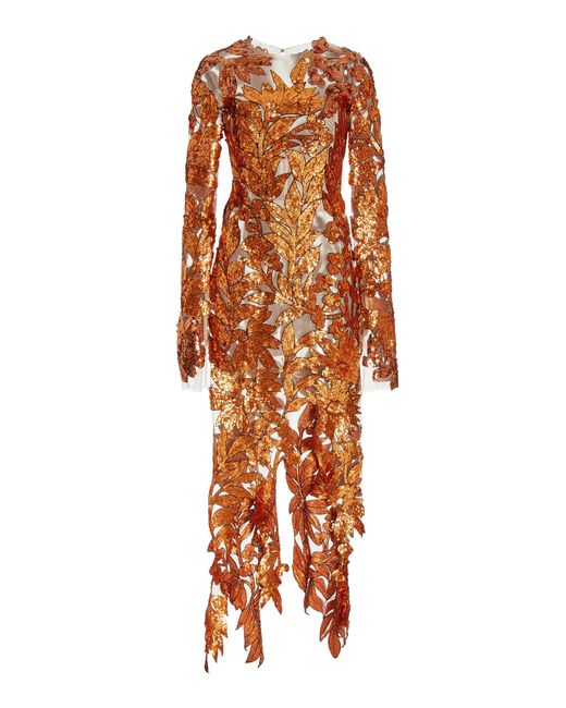 Oscar de la Renta Orange Floral Cut-out Sequin Dress