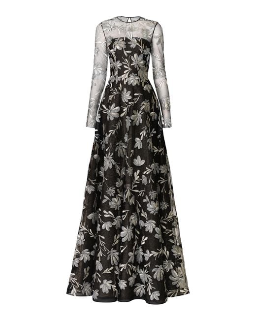 Naeem Khan White Metallic Floral Raffia Long Sleeve Gown