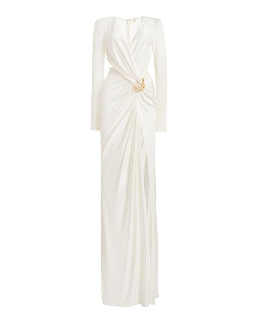 Zuhair Murad White Phenix Brooch-detailed Jersey Gown
