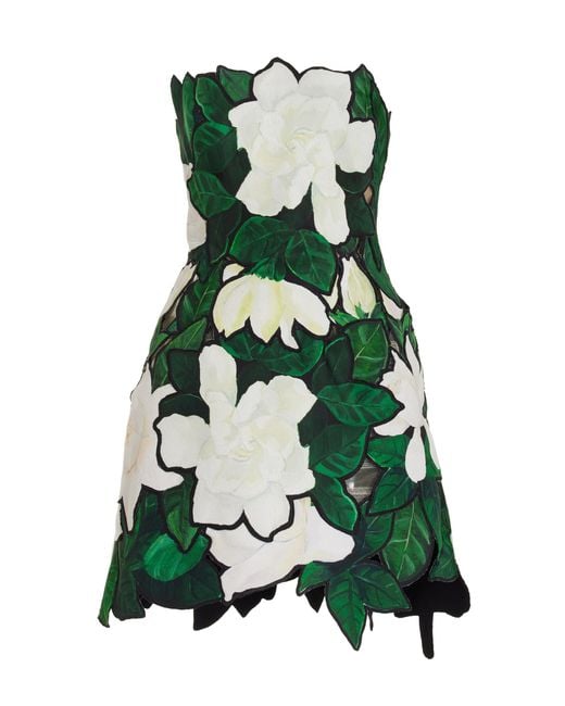 Oscar de la Renta Green Hand-painted Gardenia-faille Mini Dress