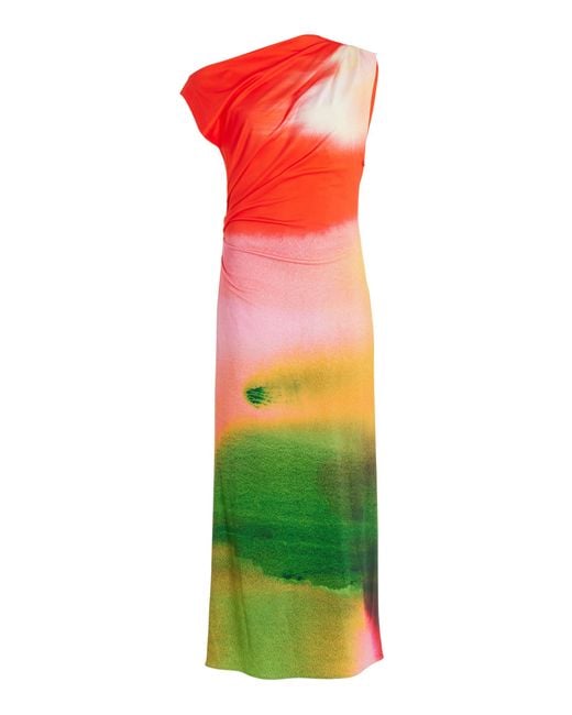 Oscar de la Renta Red Draped Watercolor-print Jersey Midi Dress