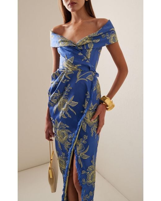 Etro Blue Off-the-shoulder Floral-satin Midi Wrap Dress