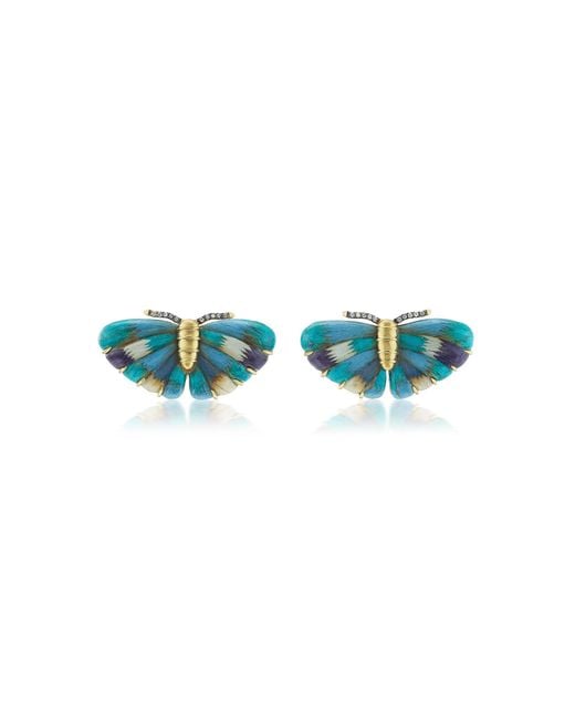 Silvia Furmanovich Blue 18K Butterfly Marquetry Earrings With Diamond; Small