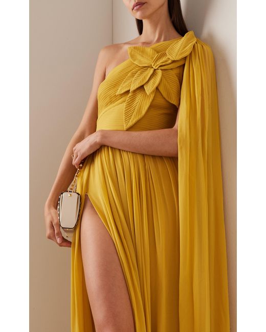 Elie Saab Floral-appliqued Silk One-shoulder Gown in Yellow | Lyst
