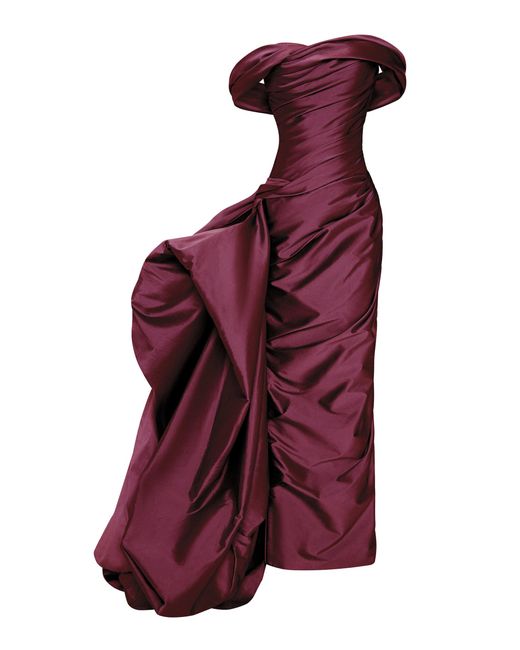 Marmar Halim Purple Off-The-Shoulder Draped Taffeta Gown