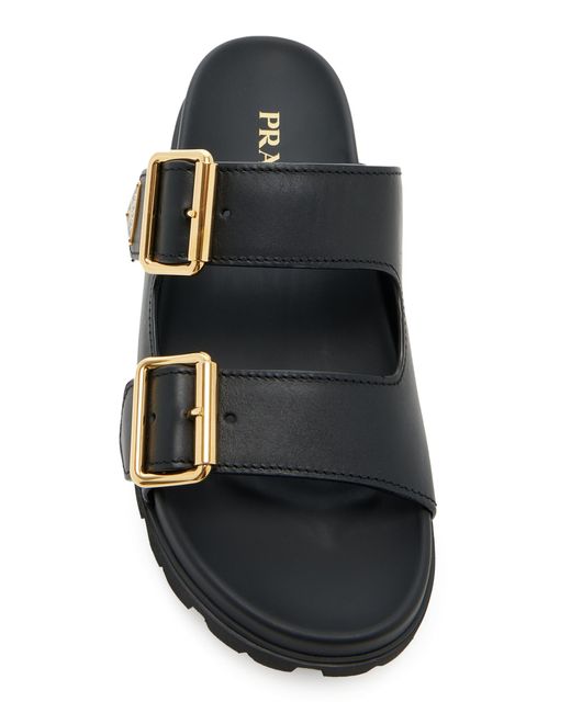 Prada Black Buckle-detailed Leather Slip-on Sandals