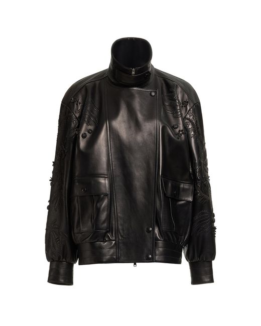 Elie Saab Black Embroidered Leather Bomber Jacket