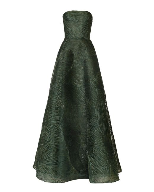 Naeem Khan Green Metallic Raffia Bustier Strapless Gown