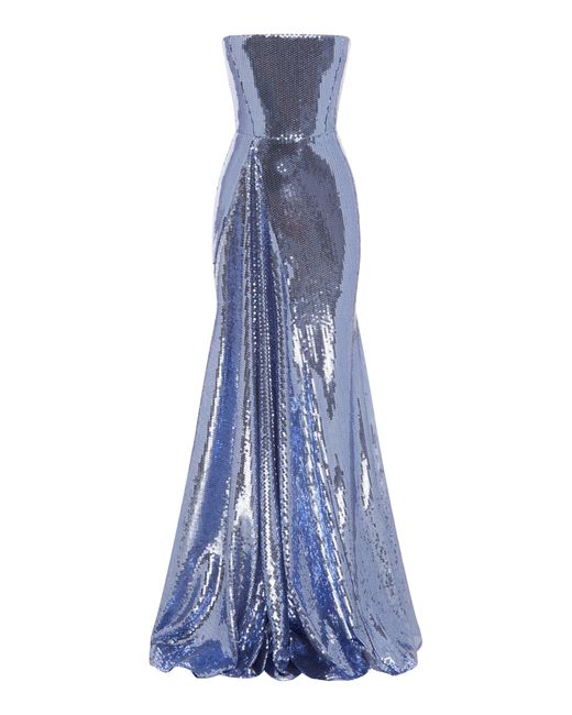 Alex Perry Blue Sequined Strapless Satin Crepe Gown