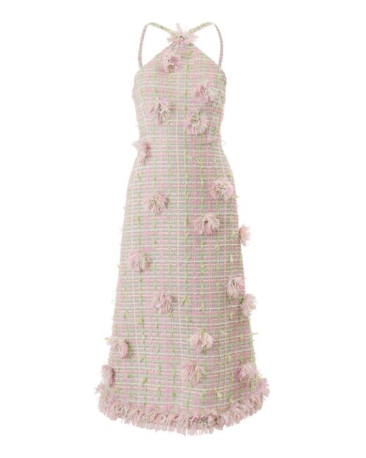 Carolina Herrera Natural Embellished Grid Tweed Knee-Length Dress