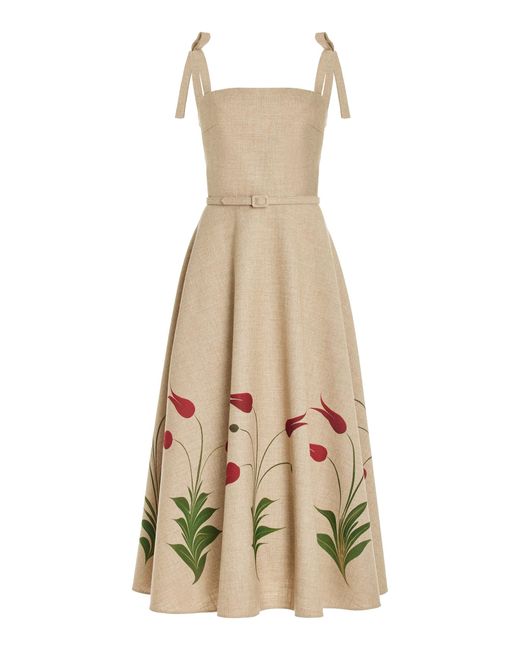 Oscar de la Renta Natural Printed Canvas Midi Dress