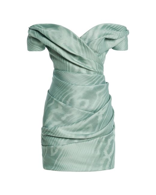 Oscar de la Renta Green Off-The-Shoulder Moire Silk Gazar Cocktail Dress