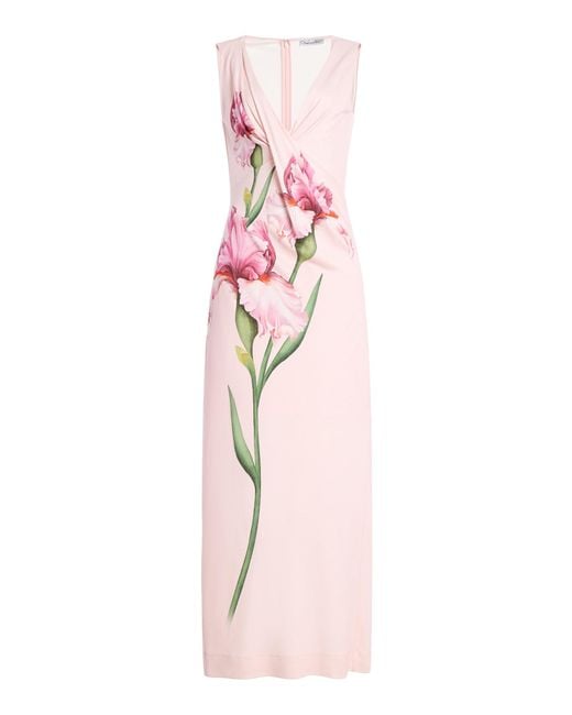 Oscar de la Renta Pink Draped Painted Iris Midi Dress