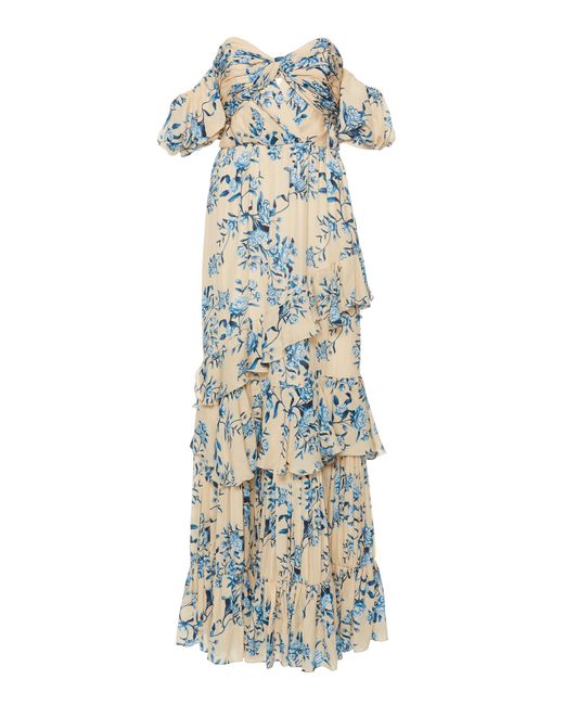 Johanna Ortiz Blue Drapes Of Solitude Off-the-shoulder Cutout Floral-print Silk-crepe Maxi Dress