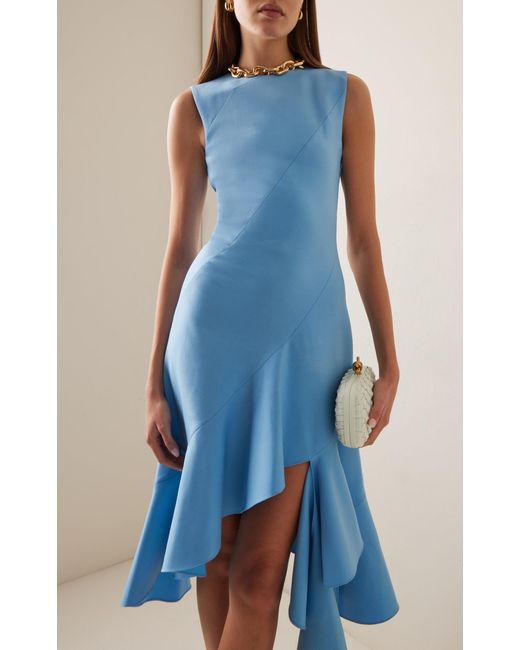 Oscar de la Renta Blue Asymmetric-hem Stretch-wool Midi Dress