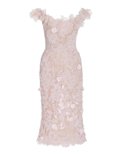 Marchesa Pink Off-the-shoulder Corded Lace Midi Dress