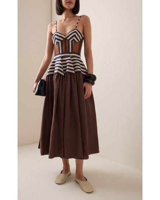 rosie assoulin brown dress Rosie Assoulin Golden Afternoon Striped Linen Midi Dress in Brown