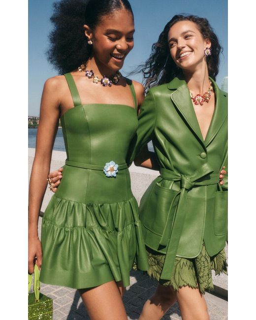 Oscar de la Renta Green Leather Tiered Mini Dress
