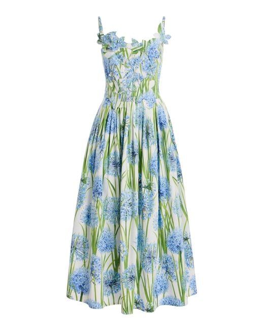 Oscar de la Renta Blue Pleated Floral-Print Cotton-Blend Poplin Midi Dress