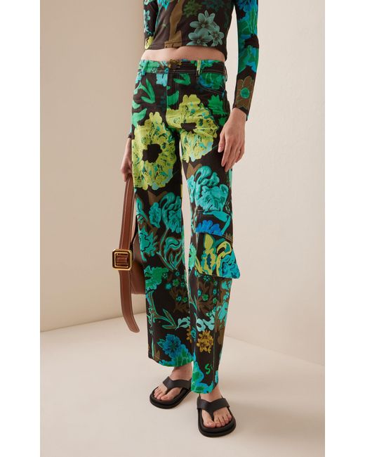 Siedres Green Estie Floral-printed Cotton-linen Wide-leg Cargo Pants