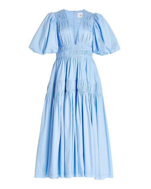 Aje. Blue Fallingwater Gathered Cotton Midi Dress