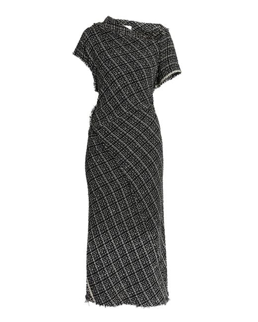 Erdem Black Asymmetric Tweed Wool Midi Dress