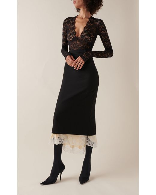 Balenciaga Black Lace-trimmed Wool Midi Pencil Skirt