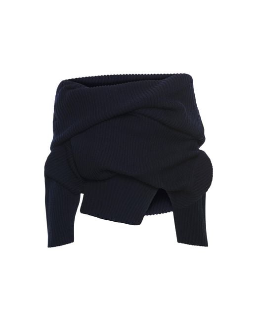 A.W.A.K.E. MODE Blue Off-The-Shoulder Wool Sweater