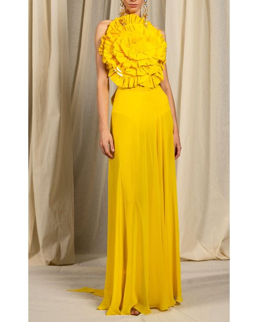 Naeem Khan Yellow Two-piece Embroidered Top And Maxi Skirt Set