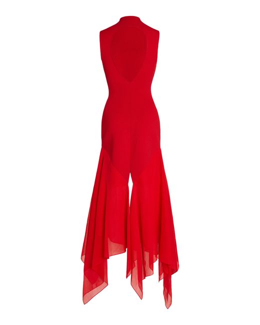 A.W.A.K.E. MODE Red Organza-Paneled Knit Maxi Dress