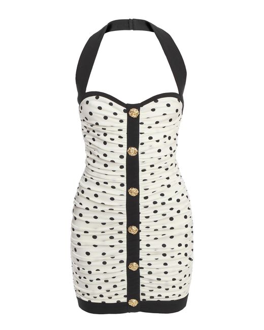Balmain White Buttoned Polka-dot Halter Mini Dress