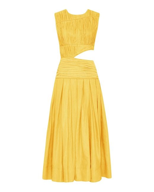 Aje. Yellow Cascade Cutout Pleated Linen-blend Midi Dress