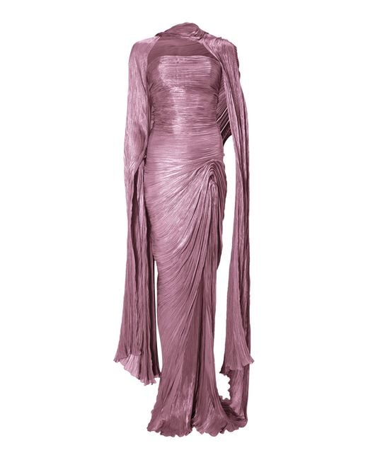Marmar Halim Red Cape-Detailed Pleated Silk Satin Gown